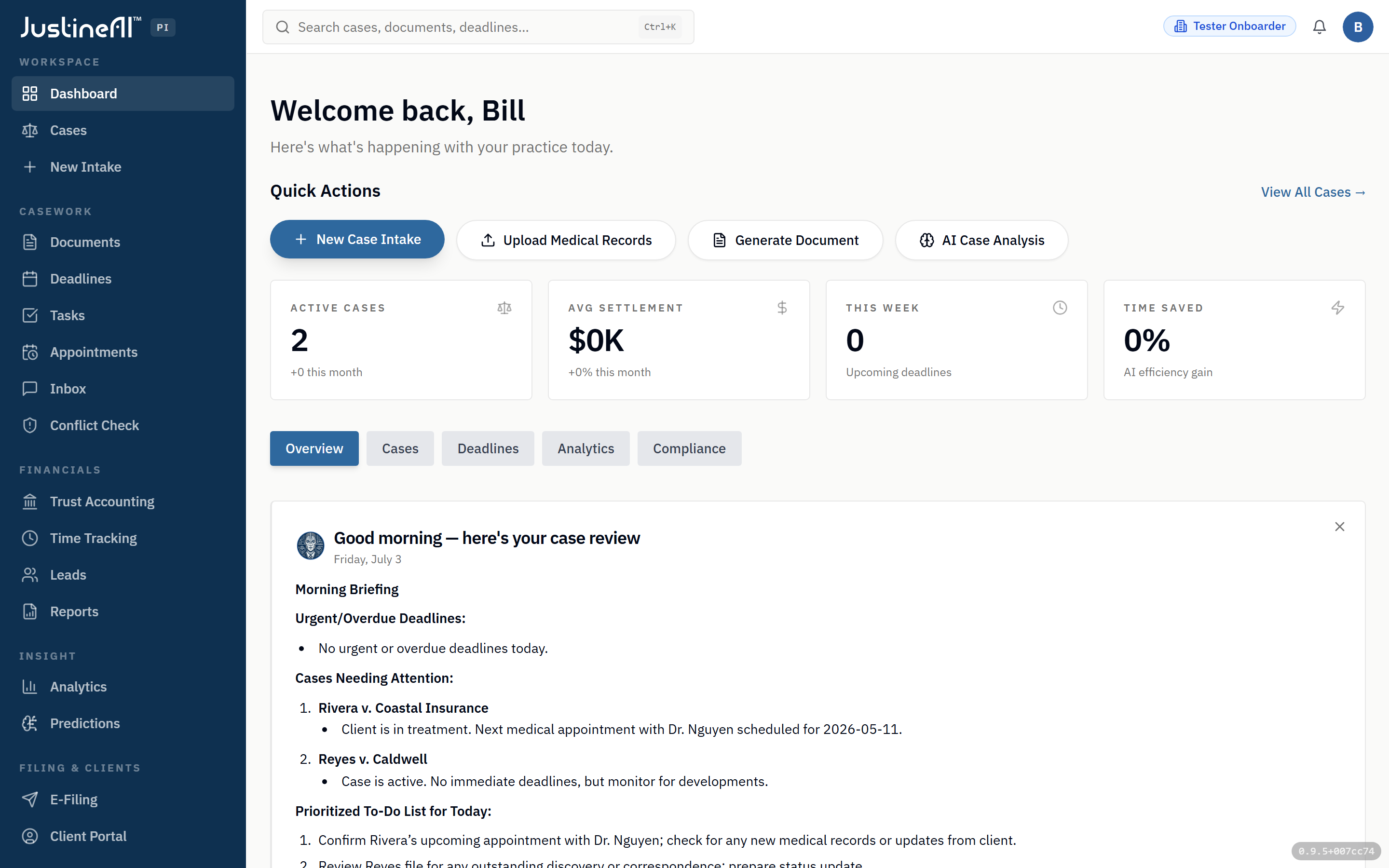 The dashboard with case pipeline, AI insights, and Justine’s autonomous activity.