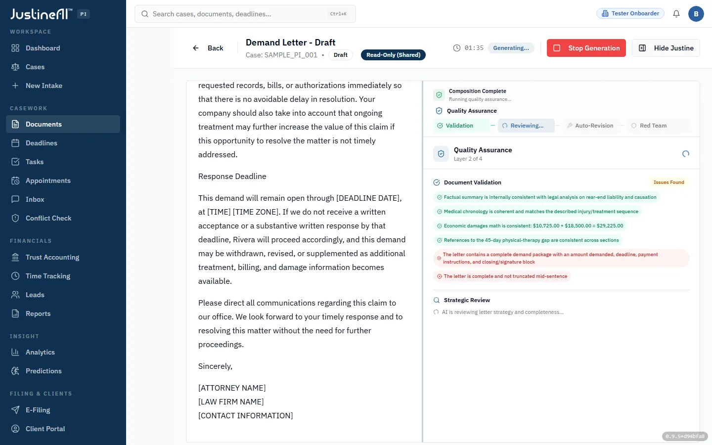 A streaming demand letter beside a four-layer quality-assurance panel — Validation, Strategic Review, Auto-Revision, Red Team — showing grounded checks on the economic-damages arithmetic and treatment-gap consistency across sections.