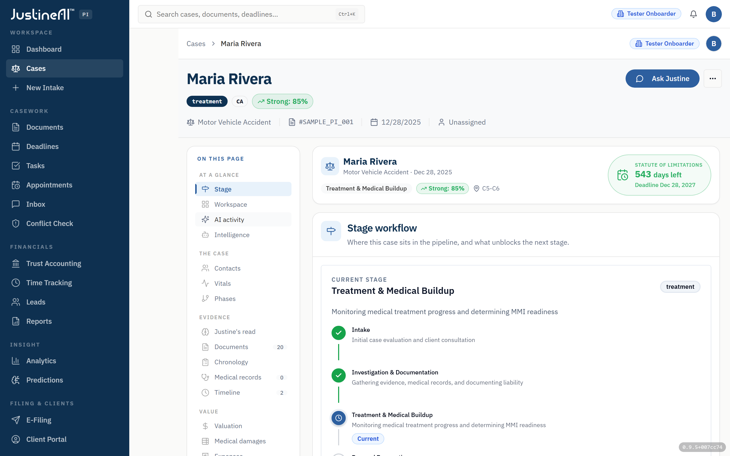 The matter workspace with essentials, stage workflow, and reasoning panels.