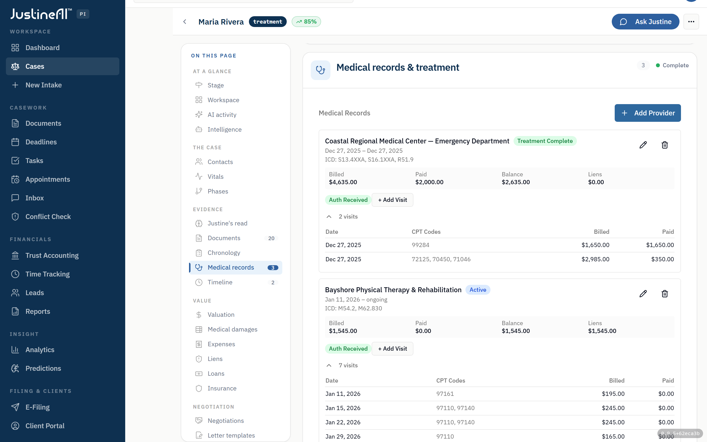 The medical-records ledger — emergency, orthopedic, and physical-therapy providers, each with ICD-10 diagnoses, per-visit CPT codes, and billed / paid / balance / lien tracking.