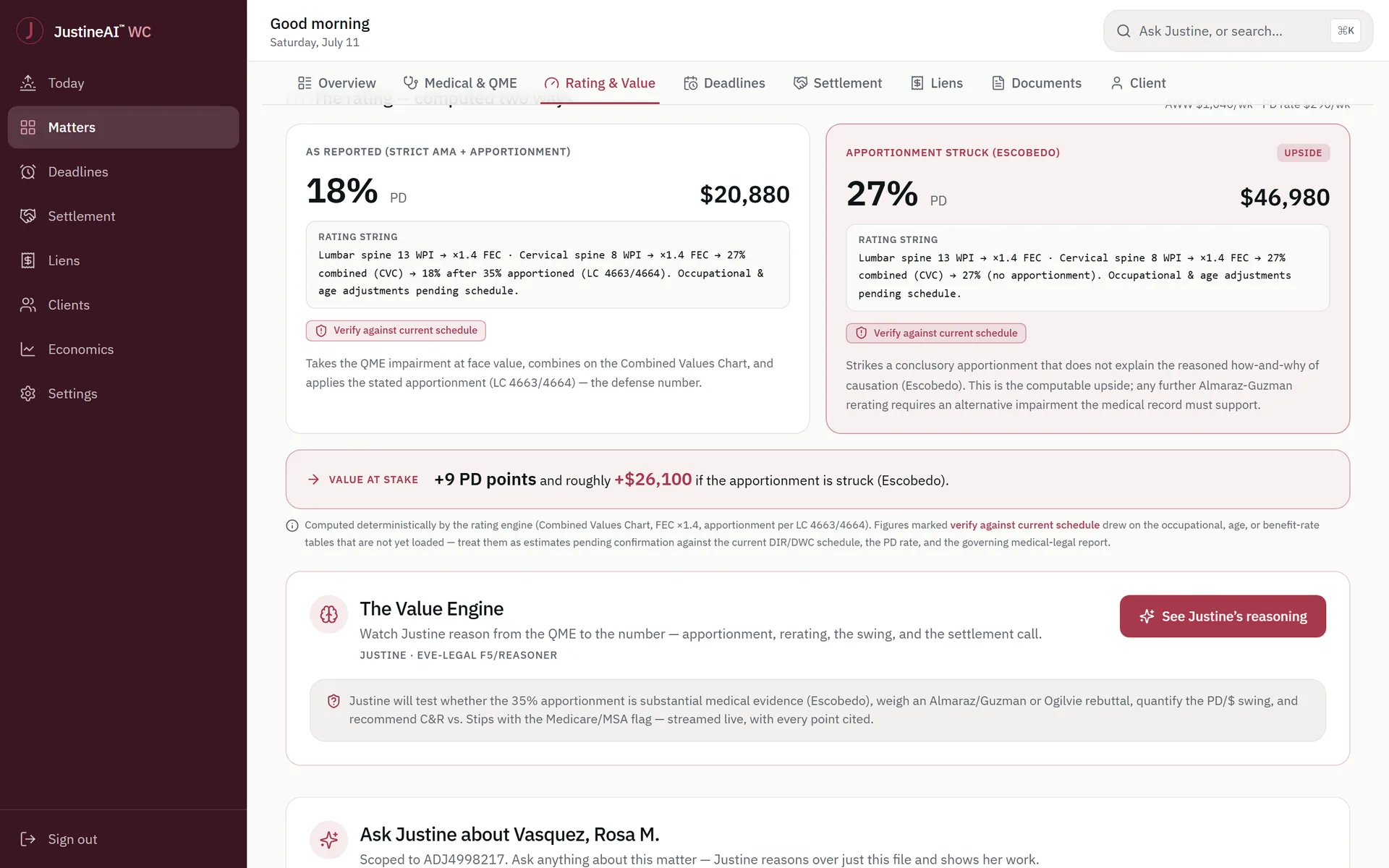 A California permanent-disability rating computed two ways on a synthetic cumulative-trauma matter — as reported under strict AMA with the QME’s apportionment, against the same rating with apportionment struck — with both rating strings shown and a value-at-stake line, each figure carrying a verify-against-current-schedule caveat.