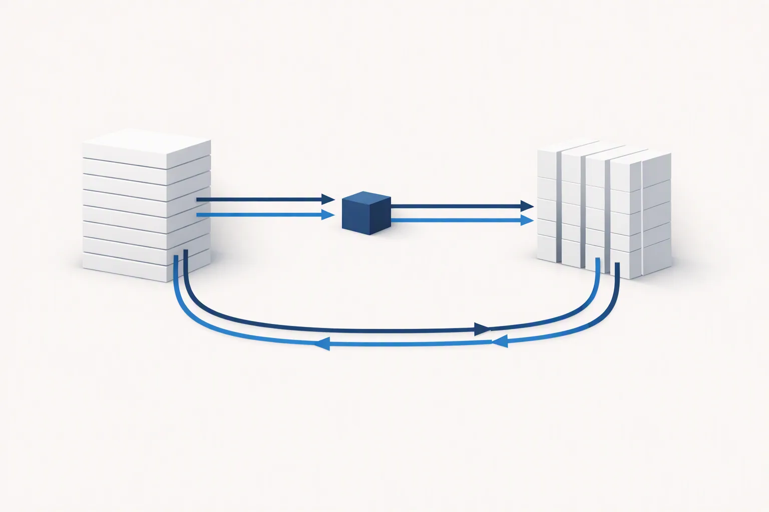 Abstract circuit diagram in which paired lines travel out from a stack of material to an external block of reference volumes and loop back, while two lines halt at a small blocking element.