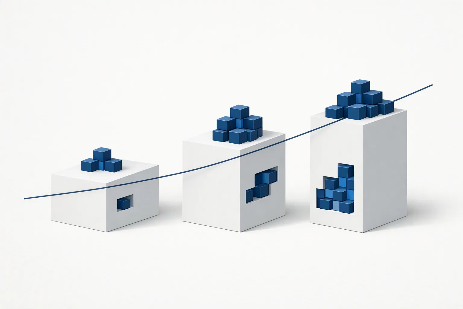 Abstract diagram of three solid blocks rising in height, each carrying a countable number of small stacked units, crossed by one continuous rising line.
